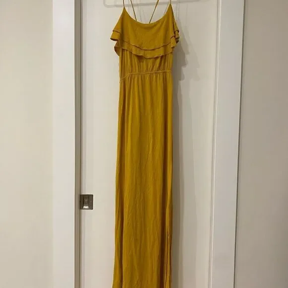 XXI Yellow Gold boho festival Empire waist tie back Ruffle top Maxi Dress S - Picture 1 of 6
